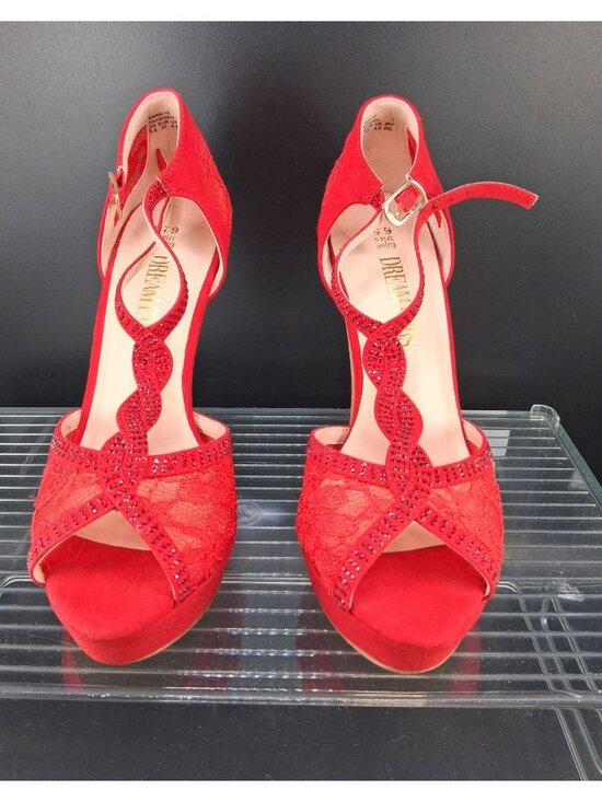 Dream Pairs Shoes - Dream Pairs Womens Red Rhinestone Lace High Heels Size 6.5